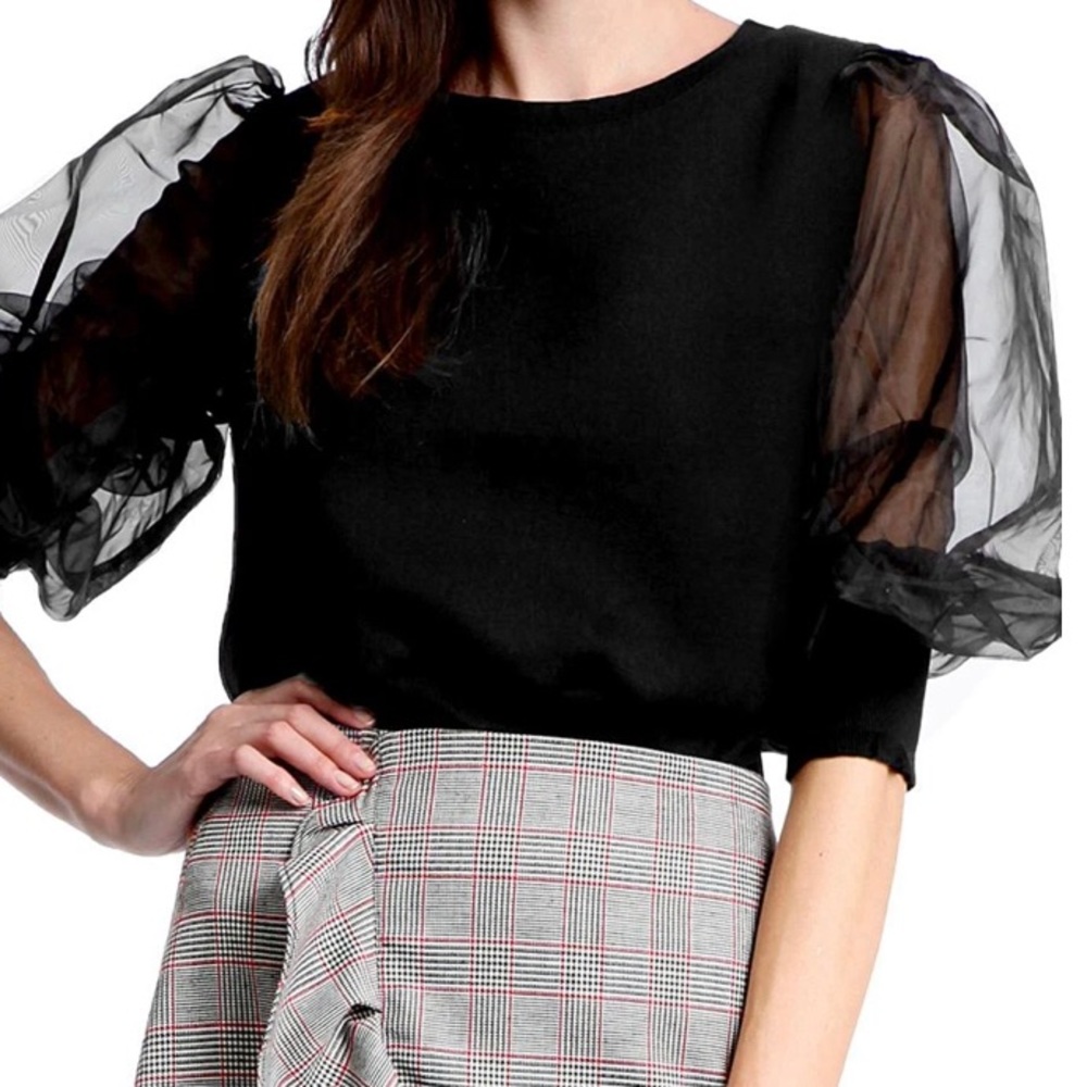 {GRACIA} Black Organza Puff Sleeve Top S NWT